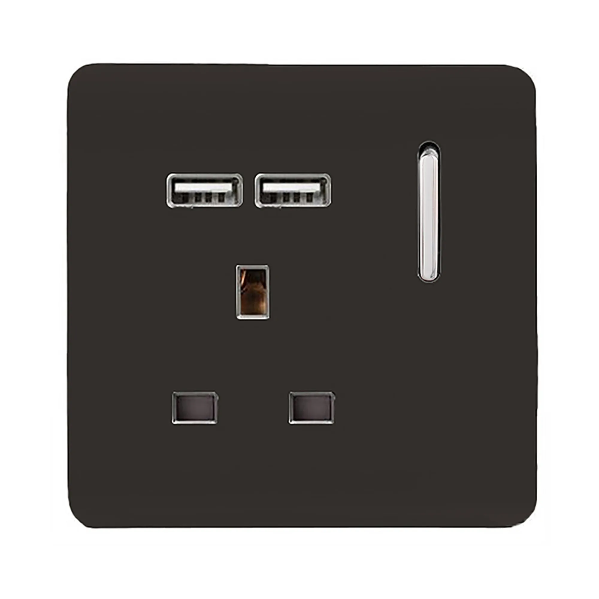 1 Gang 13Amp Switched Single Socket With 2 x USB Dark Brown